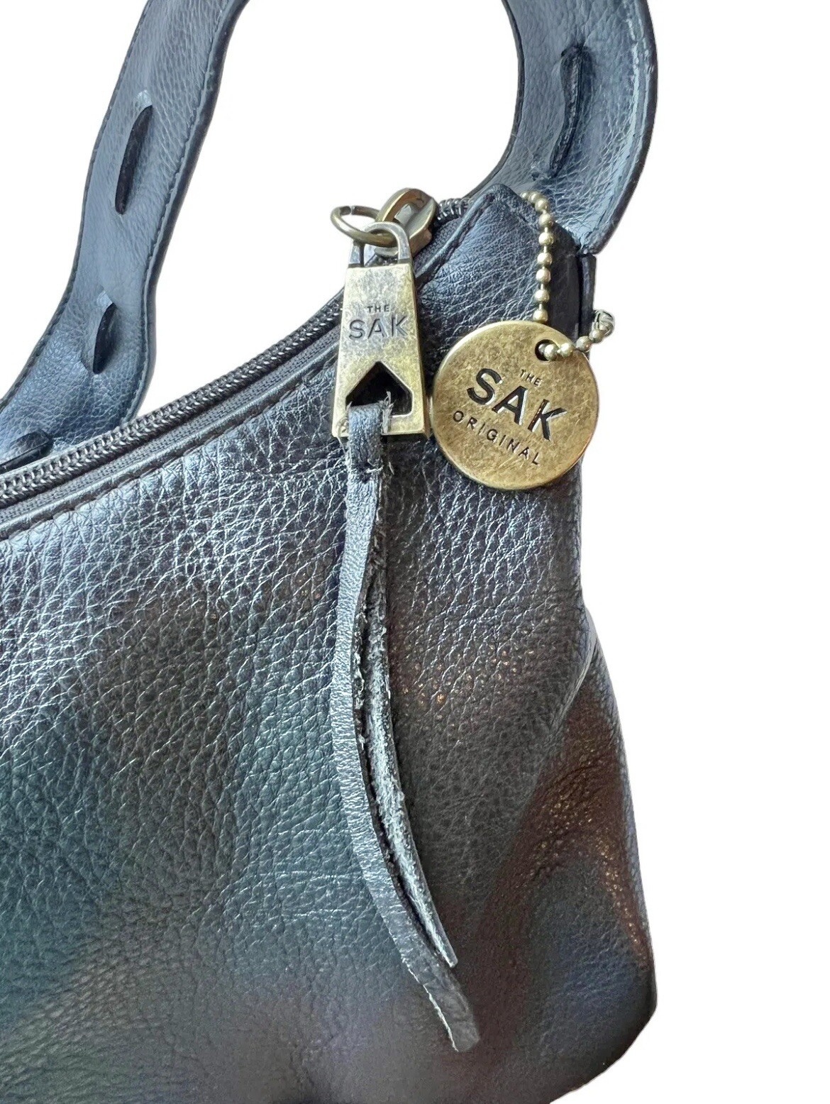 The Sak Handbag Logo Stitched Black Leather Zippered Pocket 10” Drop Handle