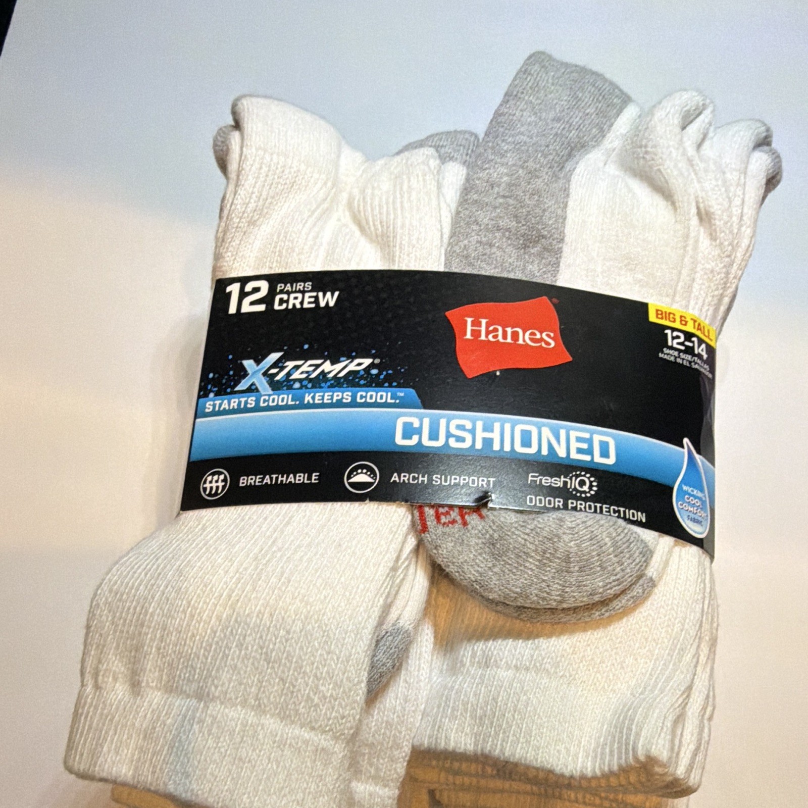 Hanes X-Temp 12 Pairs Crew Socks Big & Tall 12-14 White/Gray Cushioned