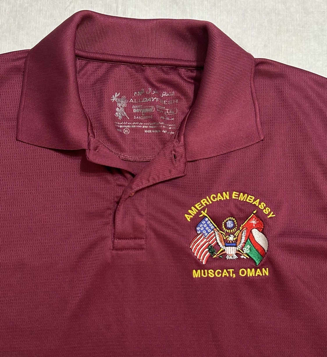 American Embassy Muscat, Oman Embroidered Polo Red Shirt Size XL