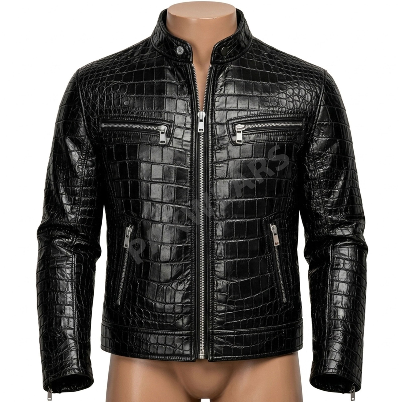 Men’s Black Crocodile Embossed Real Leather Slim Fit Alligator Biker Jacket Coat