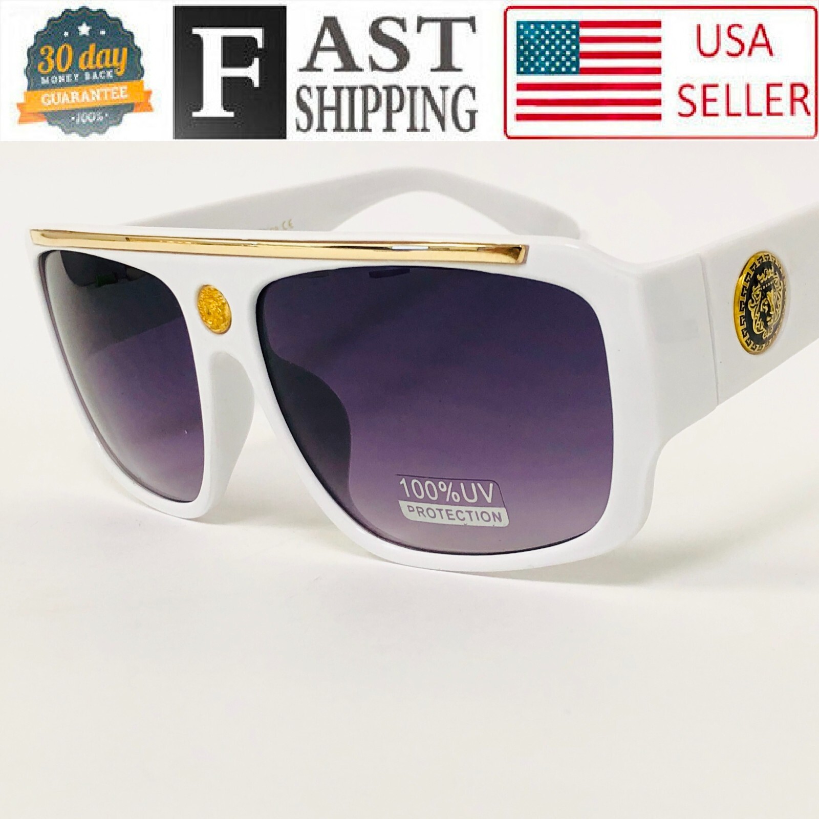 Oversized Square Kleo Lion Head Medallion Flat Top Sunglasses Lentes Shades