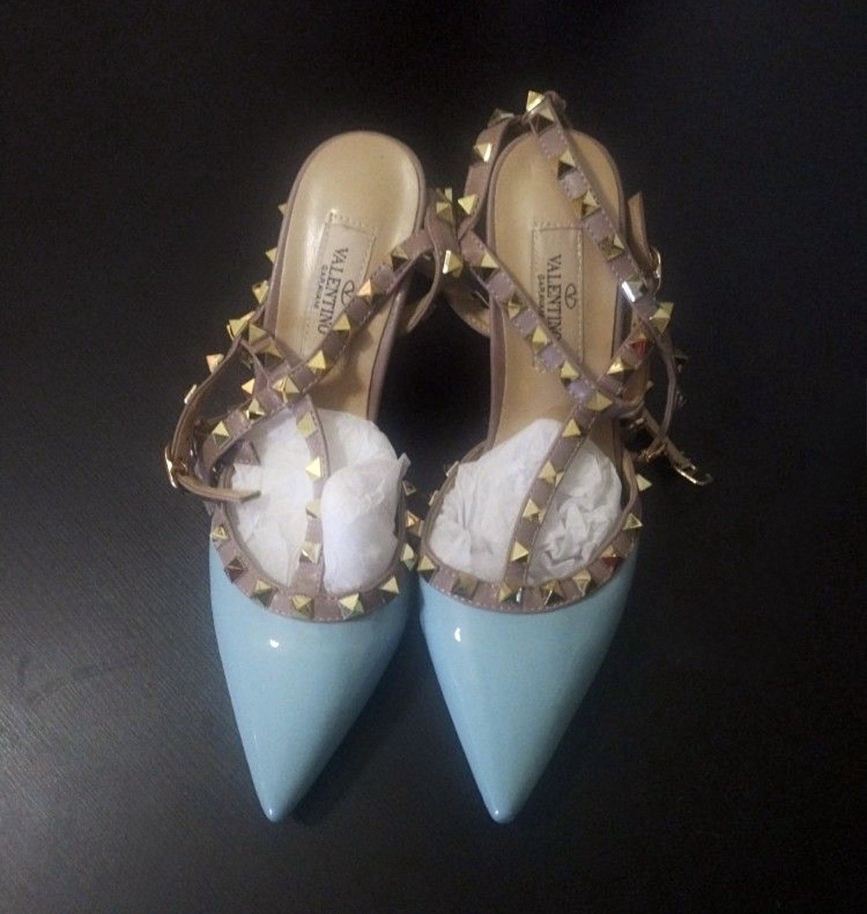 Valentino Garavani Women’s Blue Leather Rockstud Ankle Strap Heels US 7