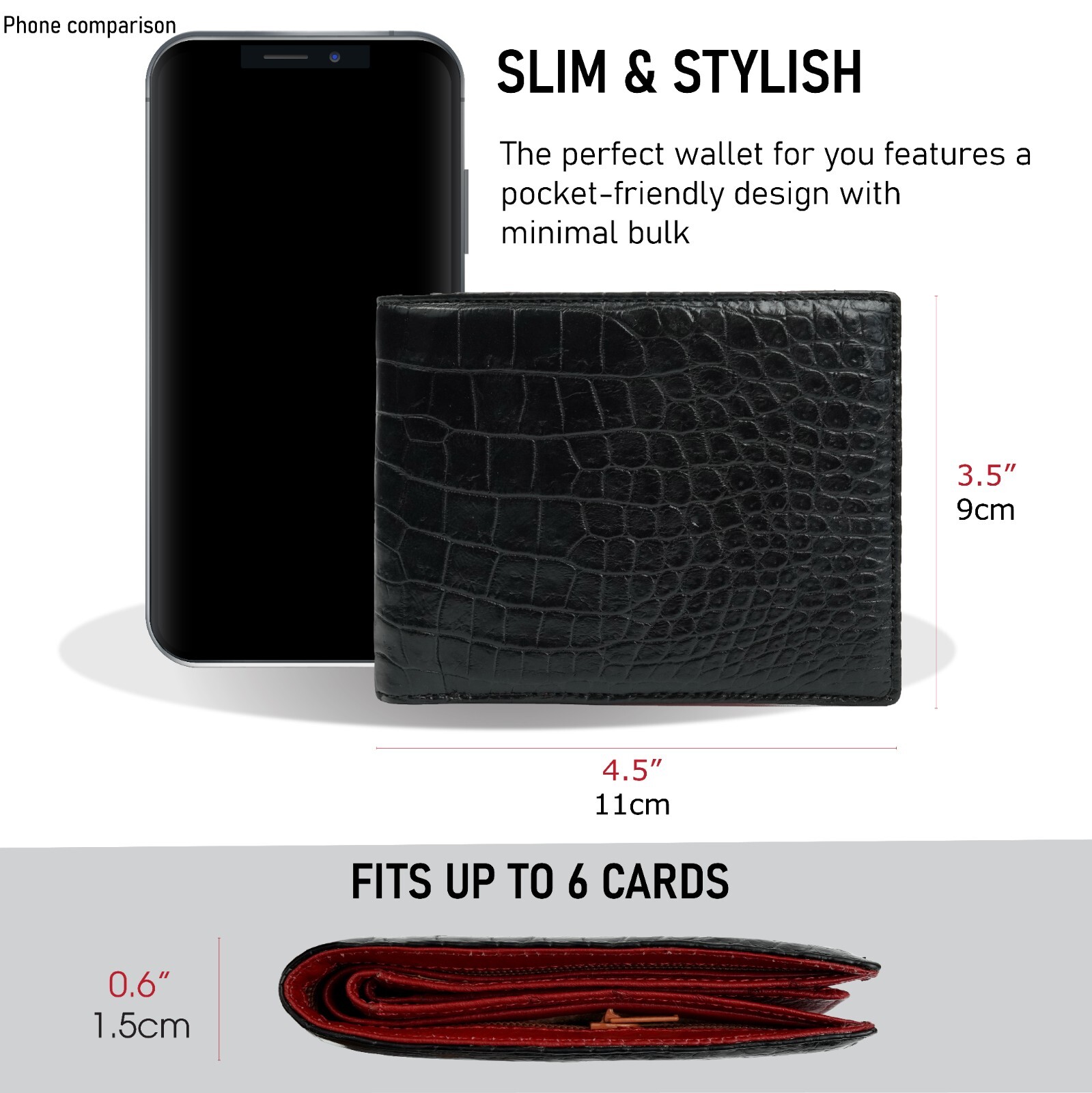Black/Red Crocodile Bifold Leather Wallet Handmade RFID Blocking 8 Card Slots