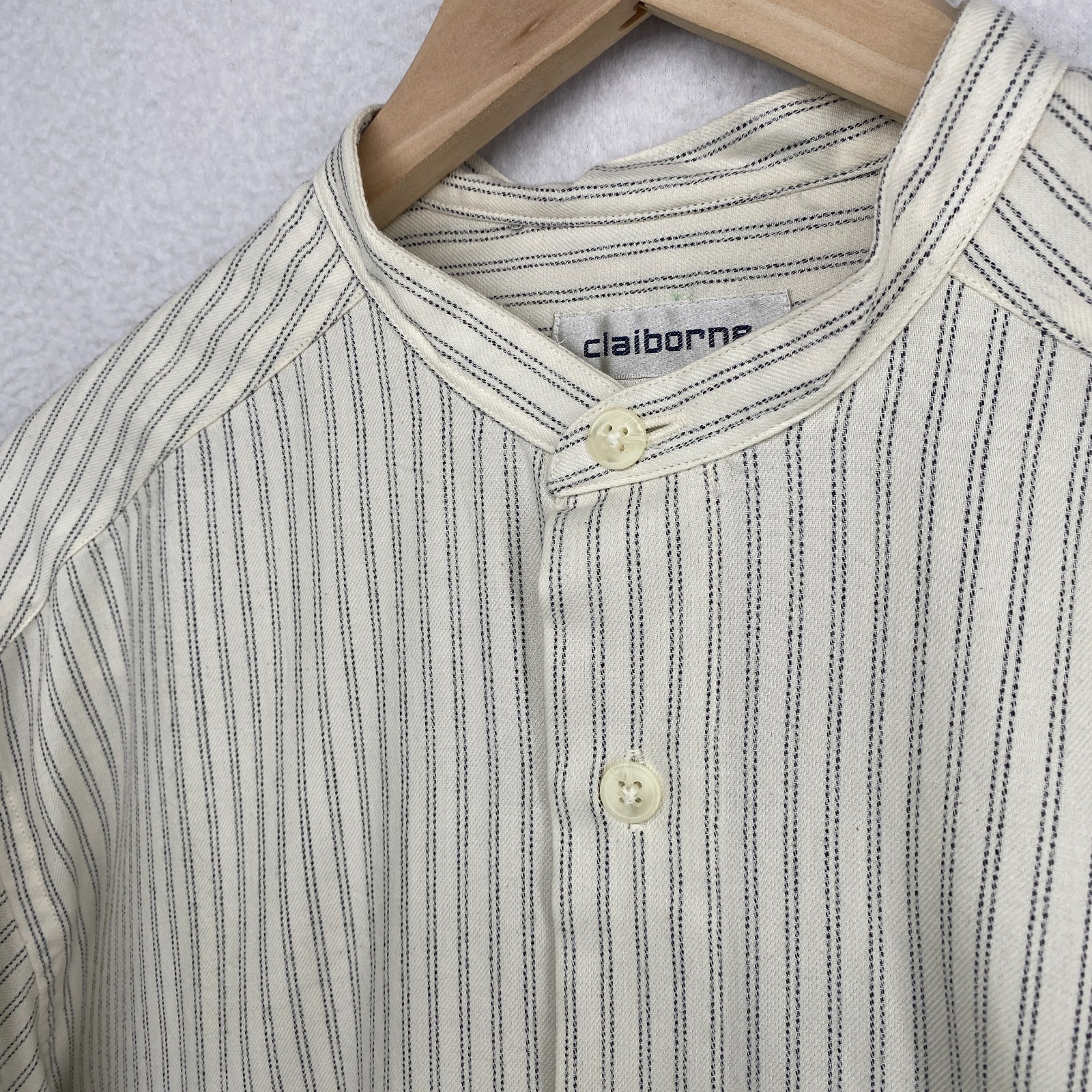 CLAIBORNE Shirt Mens M Striped Band Collar Button Up Long Sleeve Off White VTG