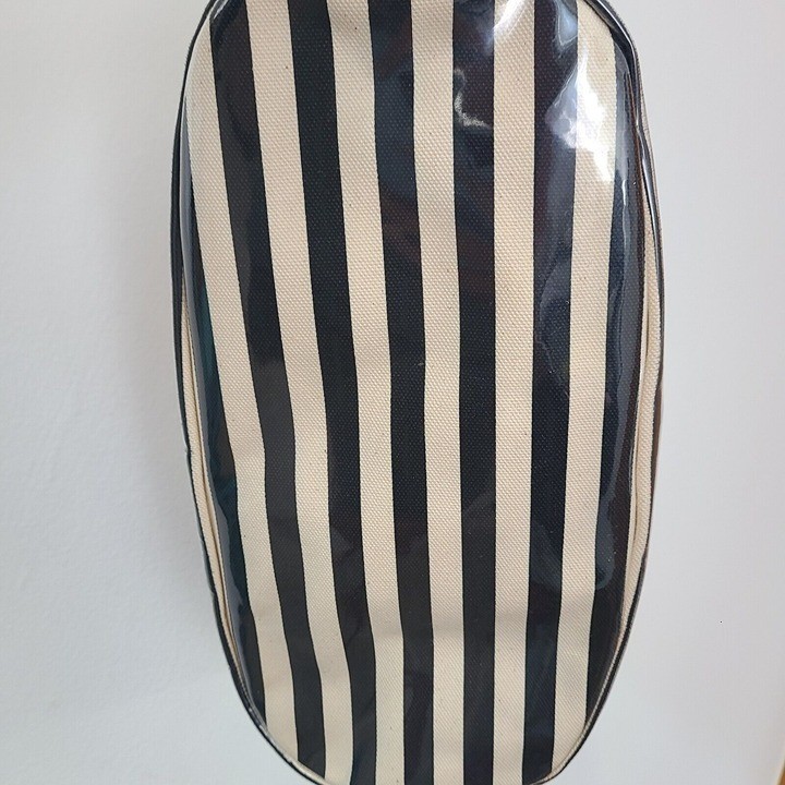 NWOT Agnes B. Striped Beige Black Canvas Vinyl Beach Tote Bag