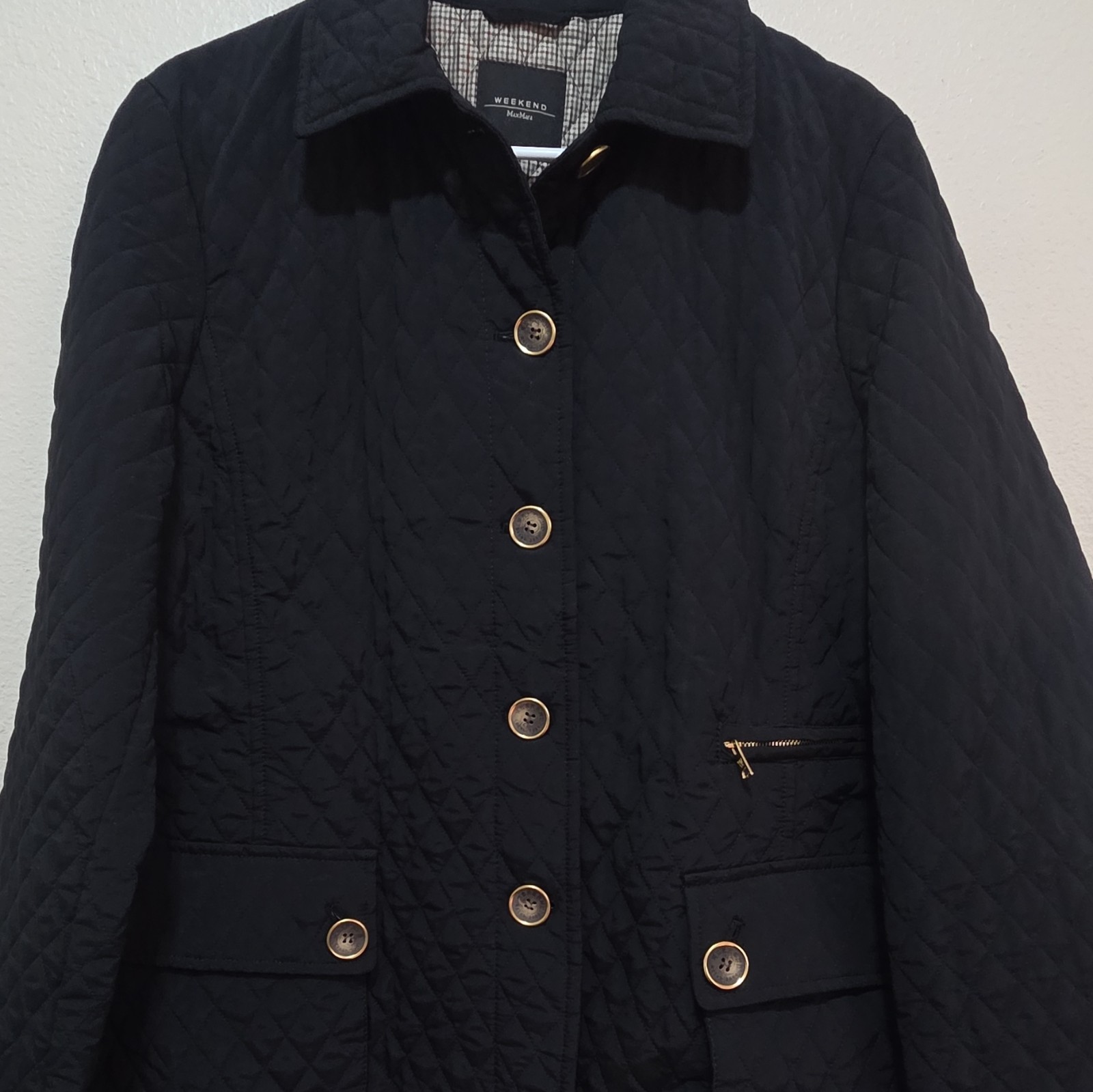 Weekend Max Mara Womens Black Quilted Button Jacket Pockets Size 42, 12 US