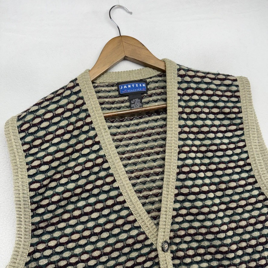 Vintage Jantzen Cardigan Sweater Vest men’s XL Brown Green Red Textured 90s Golf
