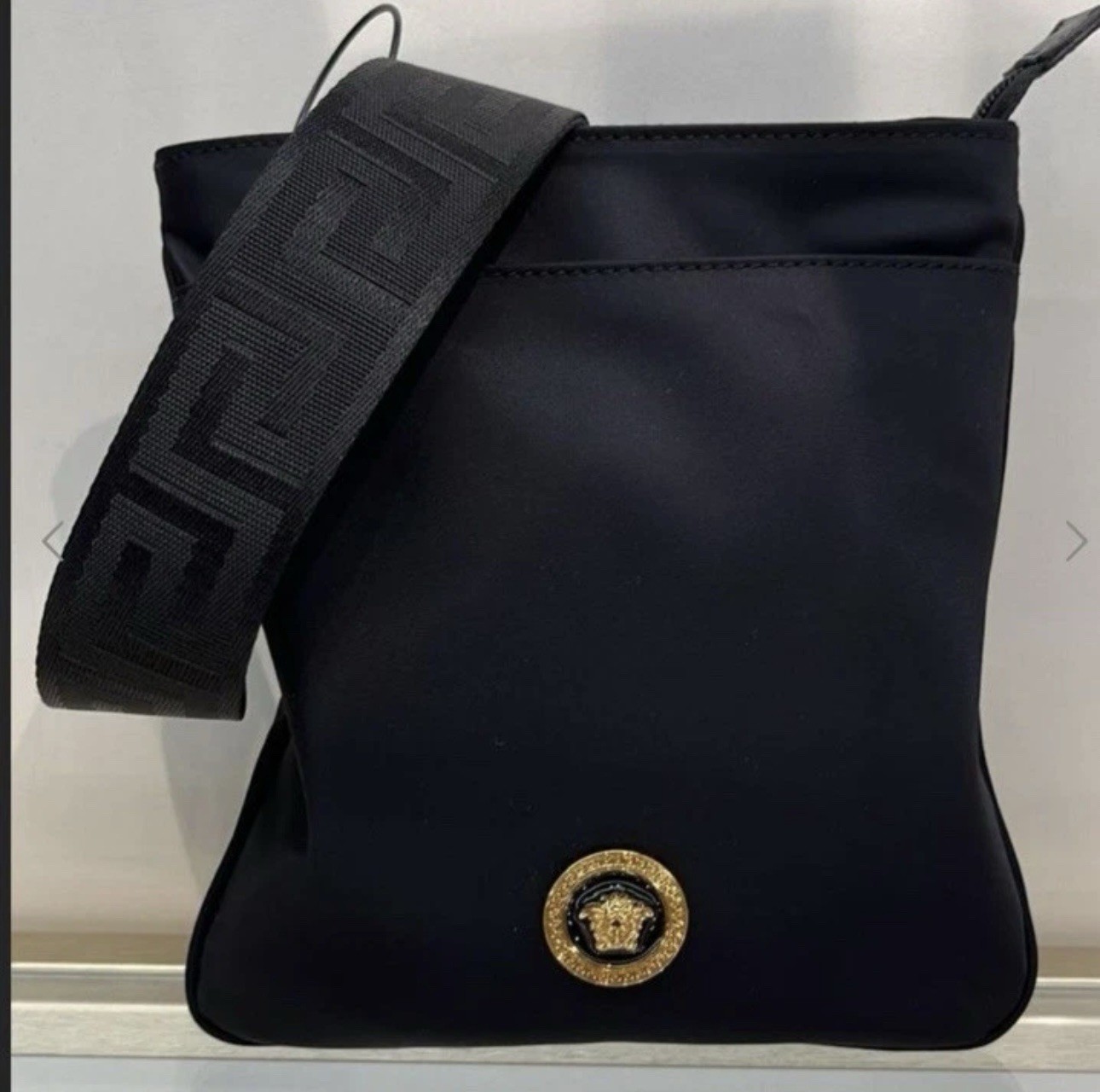 VERSACE Flat Crossbody Bag Fabric Calf Leather Black $800 Retail