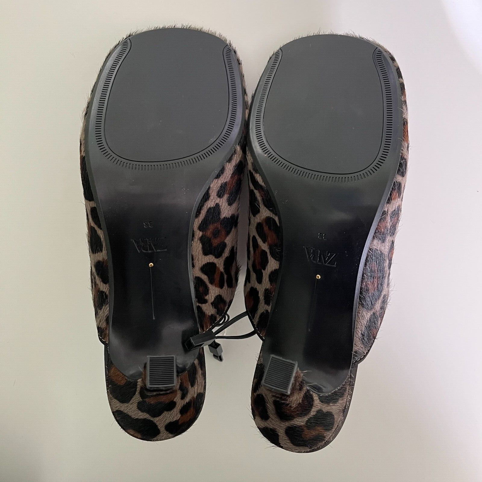 Zara Animal Print 100% Leather Mules Leopard Print Square Toe 2.8in Heel Sz 7.5