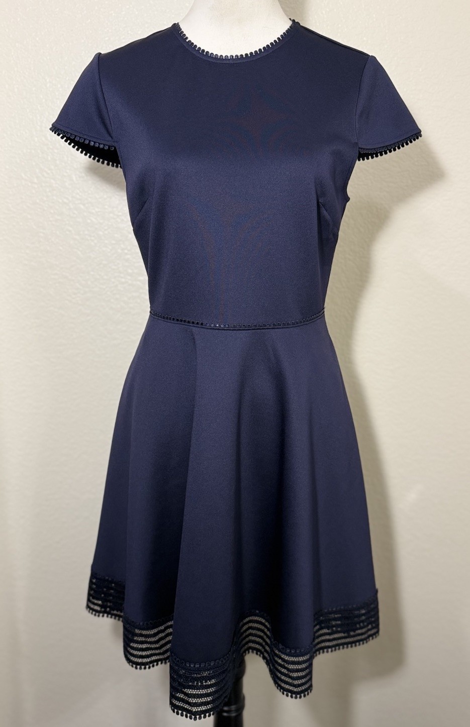 Ted Baker London Size 2 Navy Polyester Rohdia Skater Dress Mesh Trim Pockets Zip
