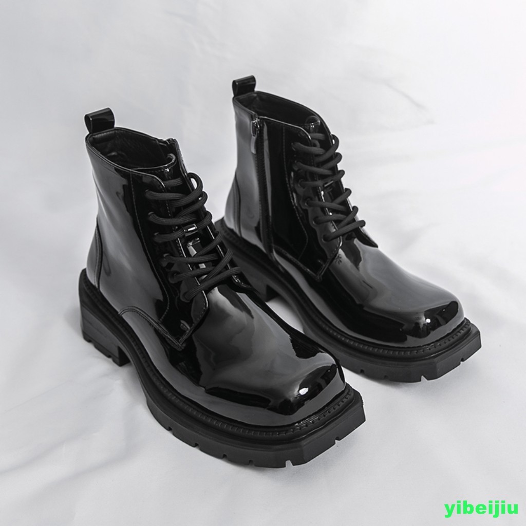 Mens Shiny Leather Dress Ankle Short Boots Platform Wide Shoes Motorcycle Gothic