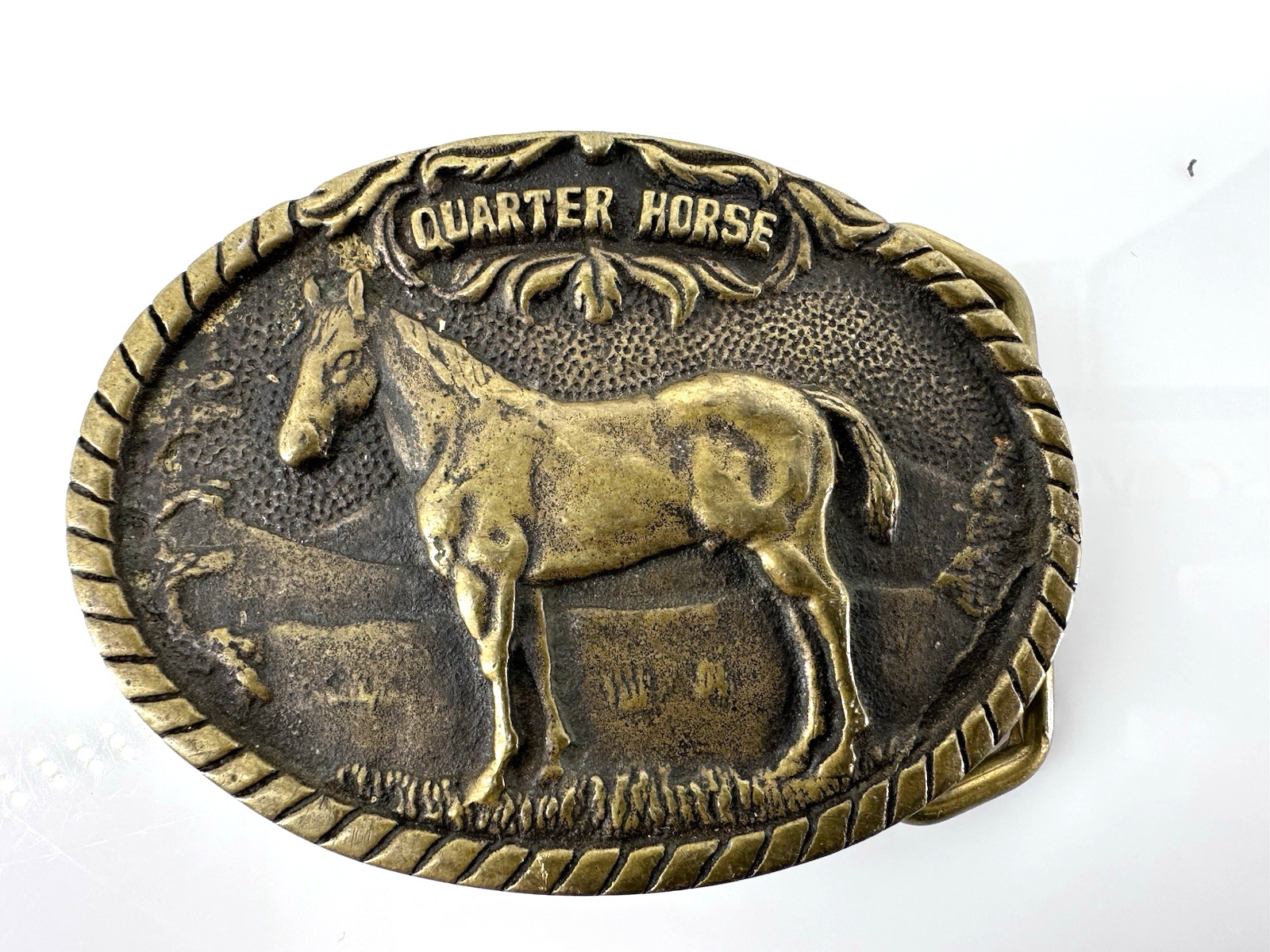 BTS Quarter Horse Belt Buckle Solid Brass 1977 Made USA Western 3.5in Vintage