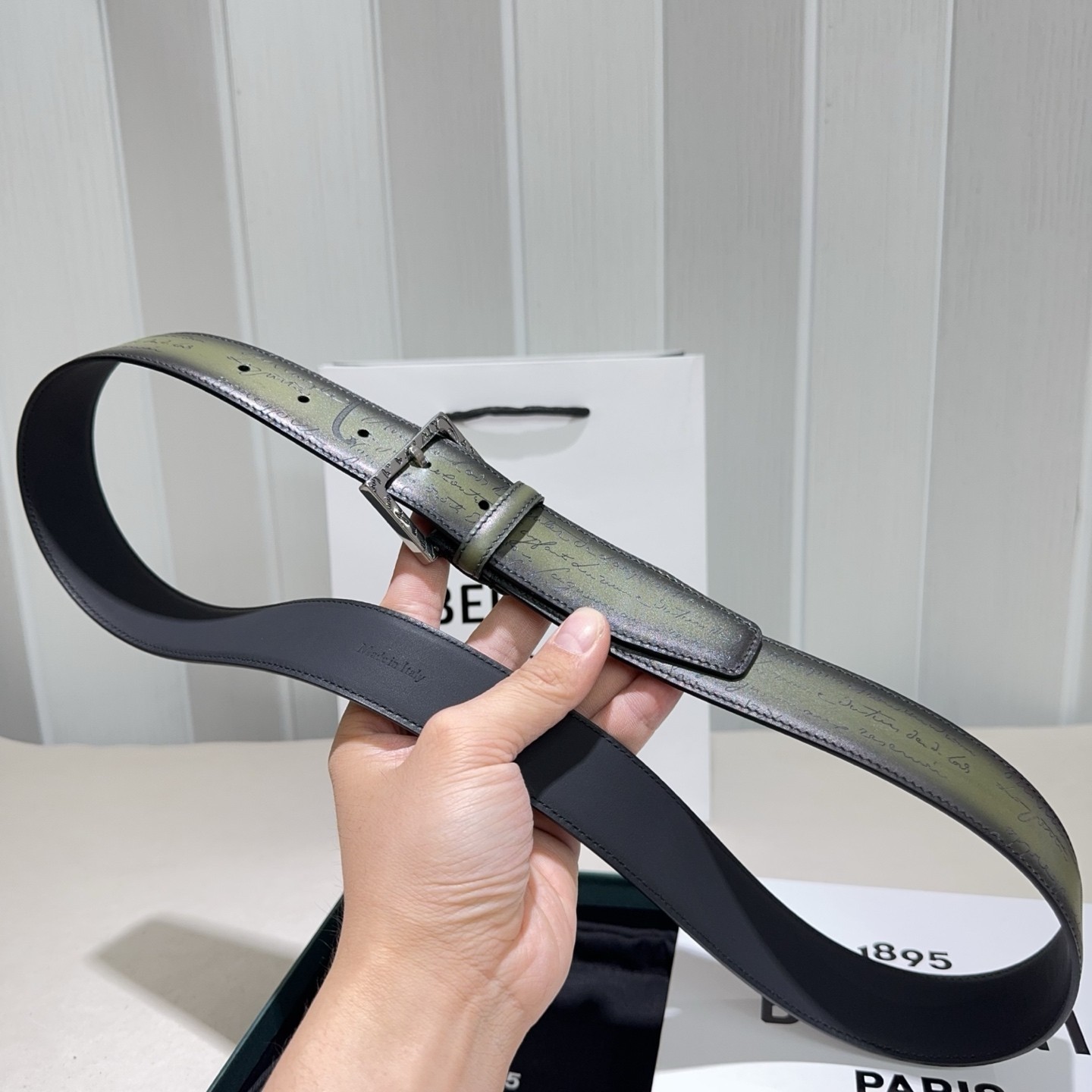 Burruti Classic Scritto Calligraphy Leather Belt Width: 3.4cm Size: 105cm
