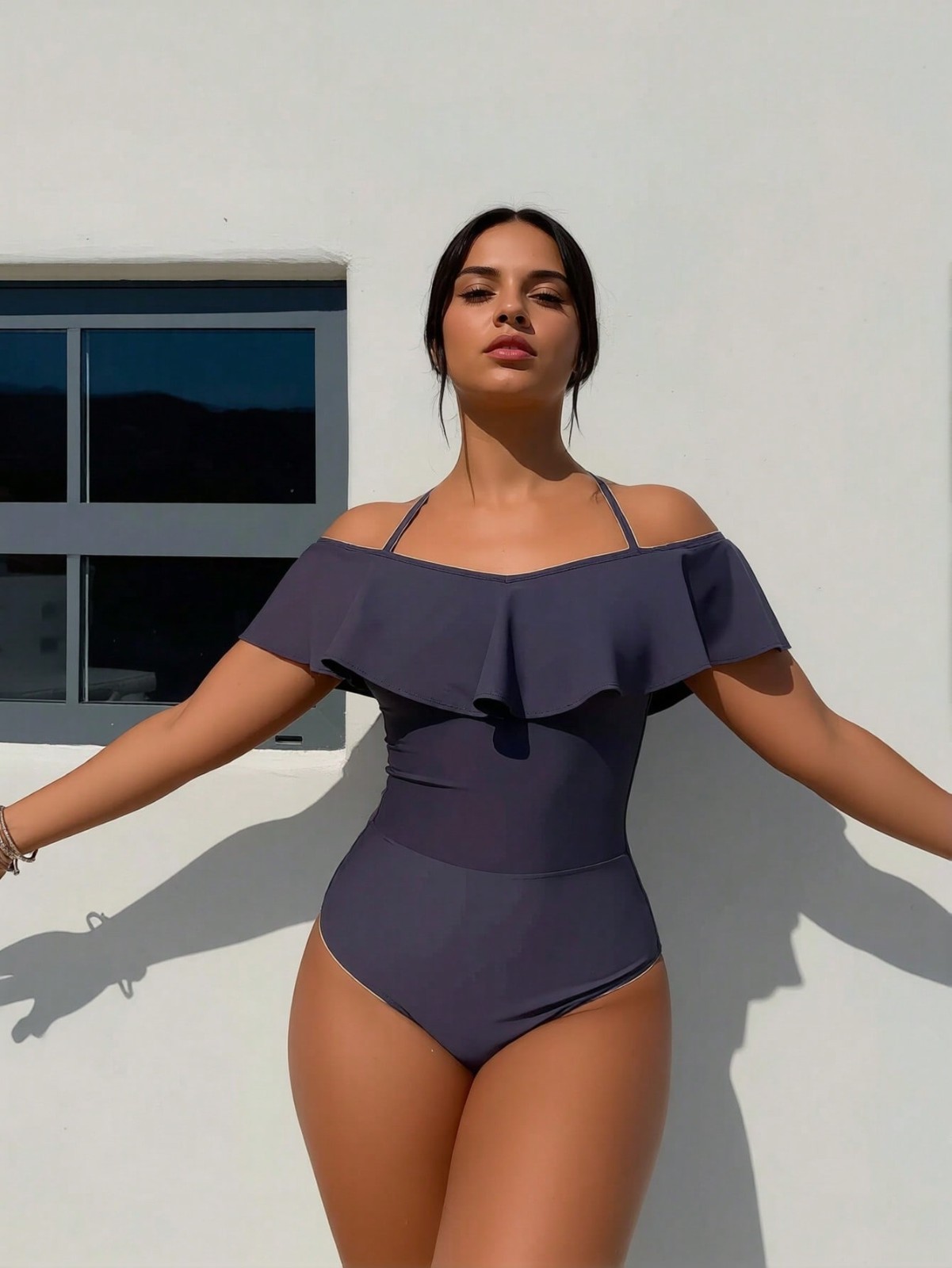 Off-Shoulder Ruffle One-Piece Swimsuit, Halter Neck Tummy Control Bathing Suit
