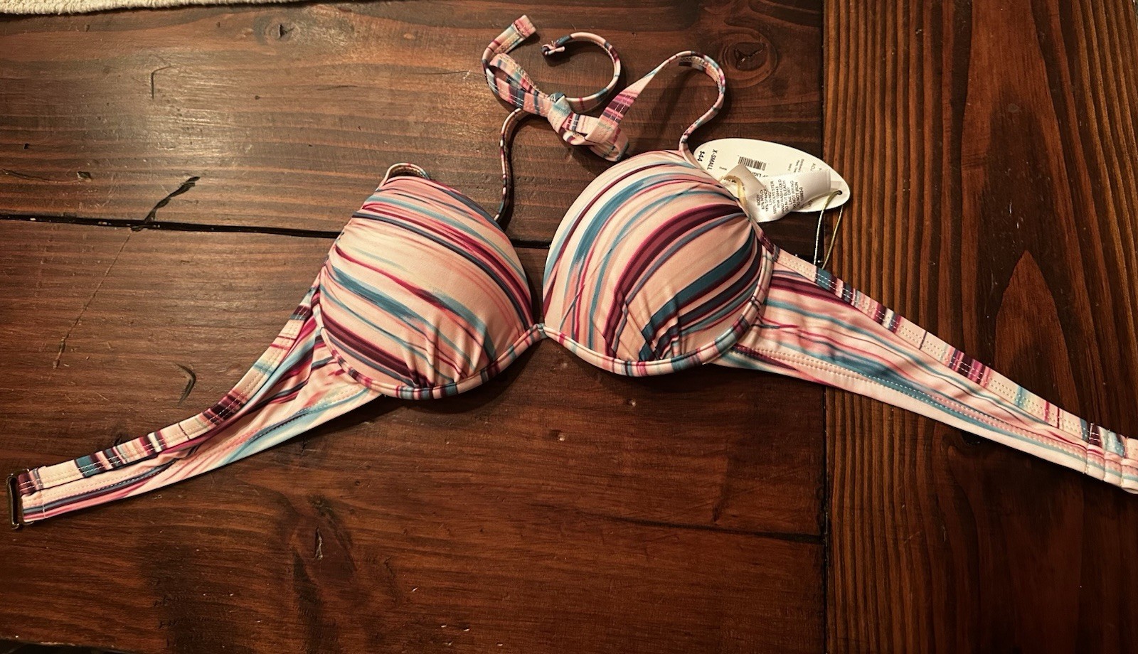 Maui Striped Padded Adjustable Halter Bikini Top, X-Small Pink/Blue/White