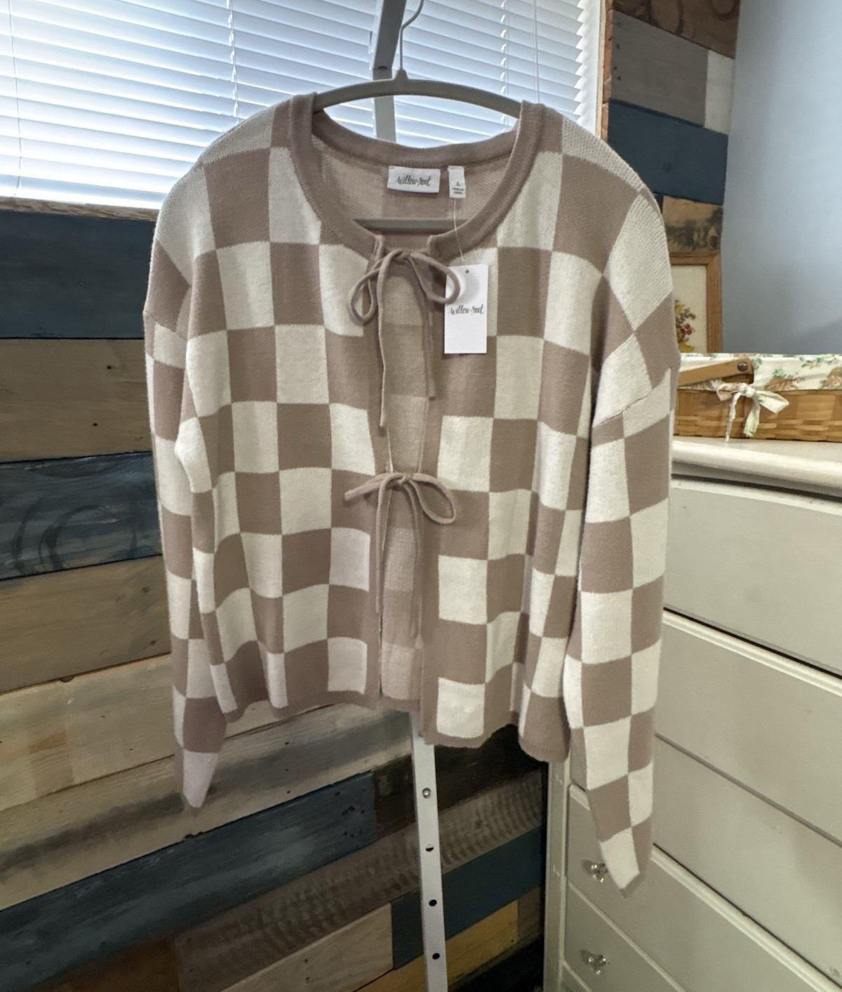 Willow + Root Women’s Tie-Front Knit Cardigan Sweater Check Taupe/Cream L