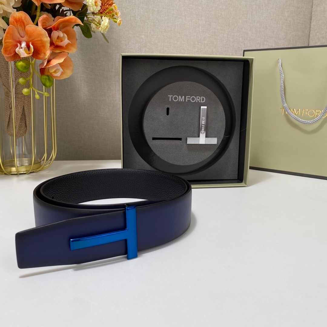 Tom Ford Mens T Logo Blue/Black Leather Dress Belt S.S. Buckle