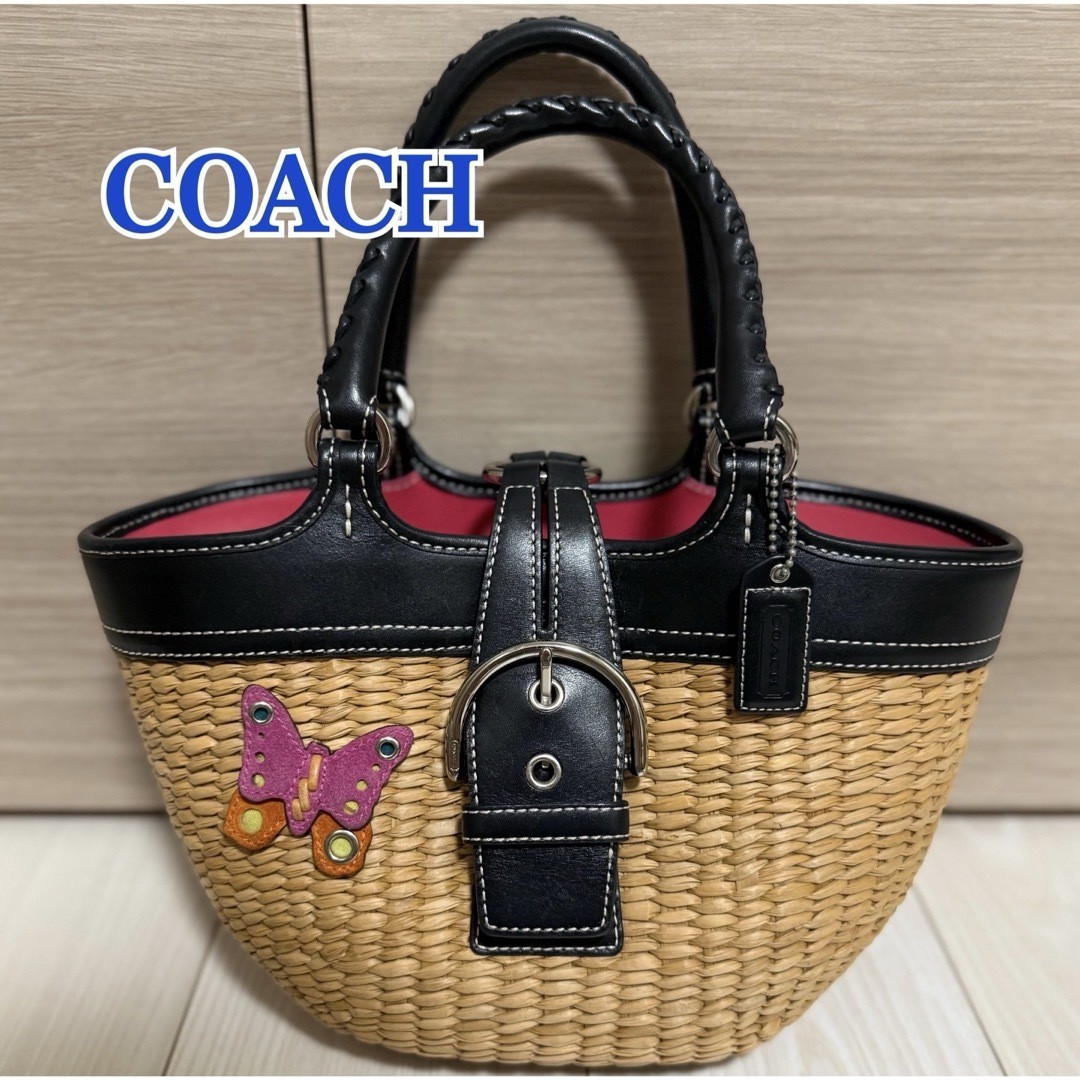 COACH Basket Bag Butterfly Straw Handbag Size: W:8.7 × H: 7.9 in.
