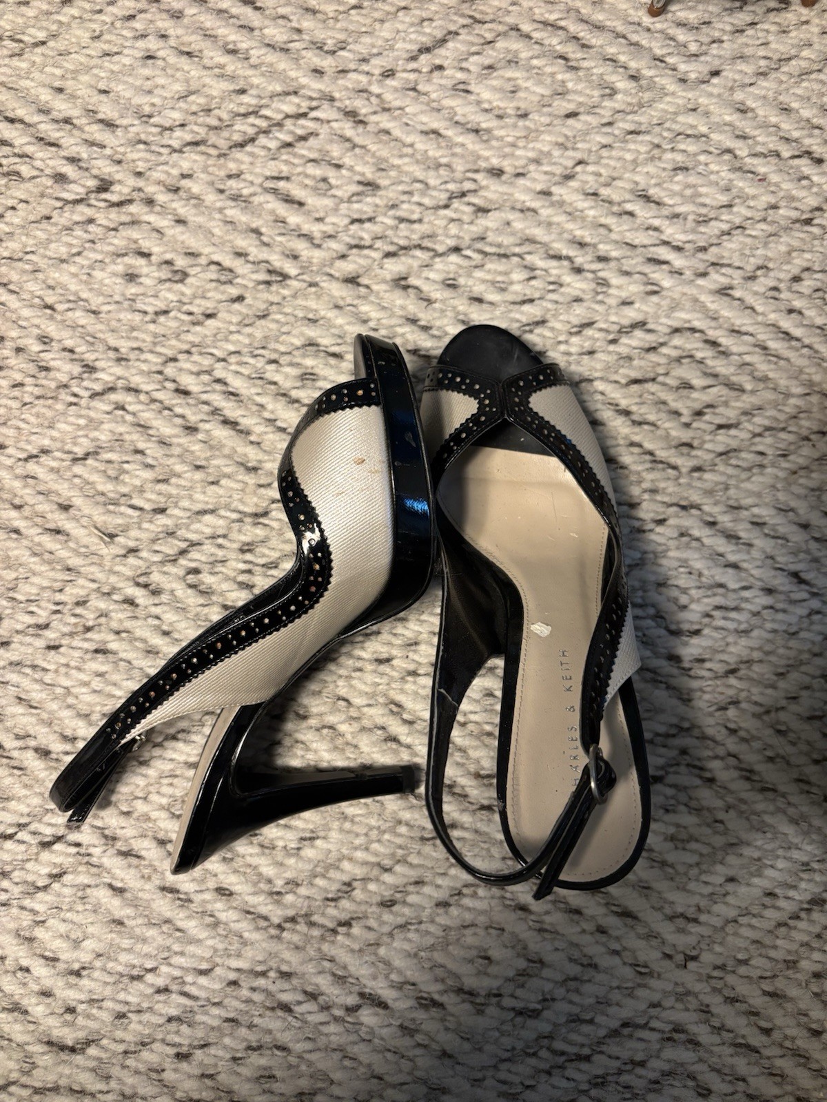 Charles & Keith Black/White Colorblock Peep Toe Slingback Ankle Strap 39