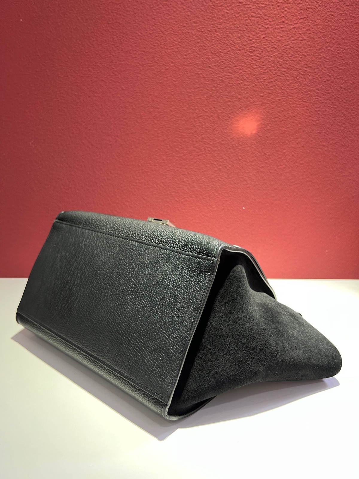 AUTH CELINE Trapeze Medium Black Grained Calfskin Suede Top Handle Crossbody Bag