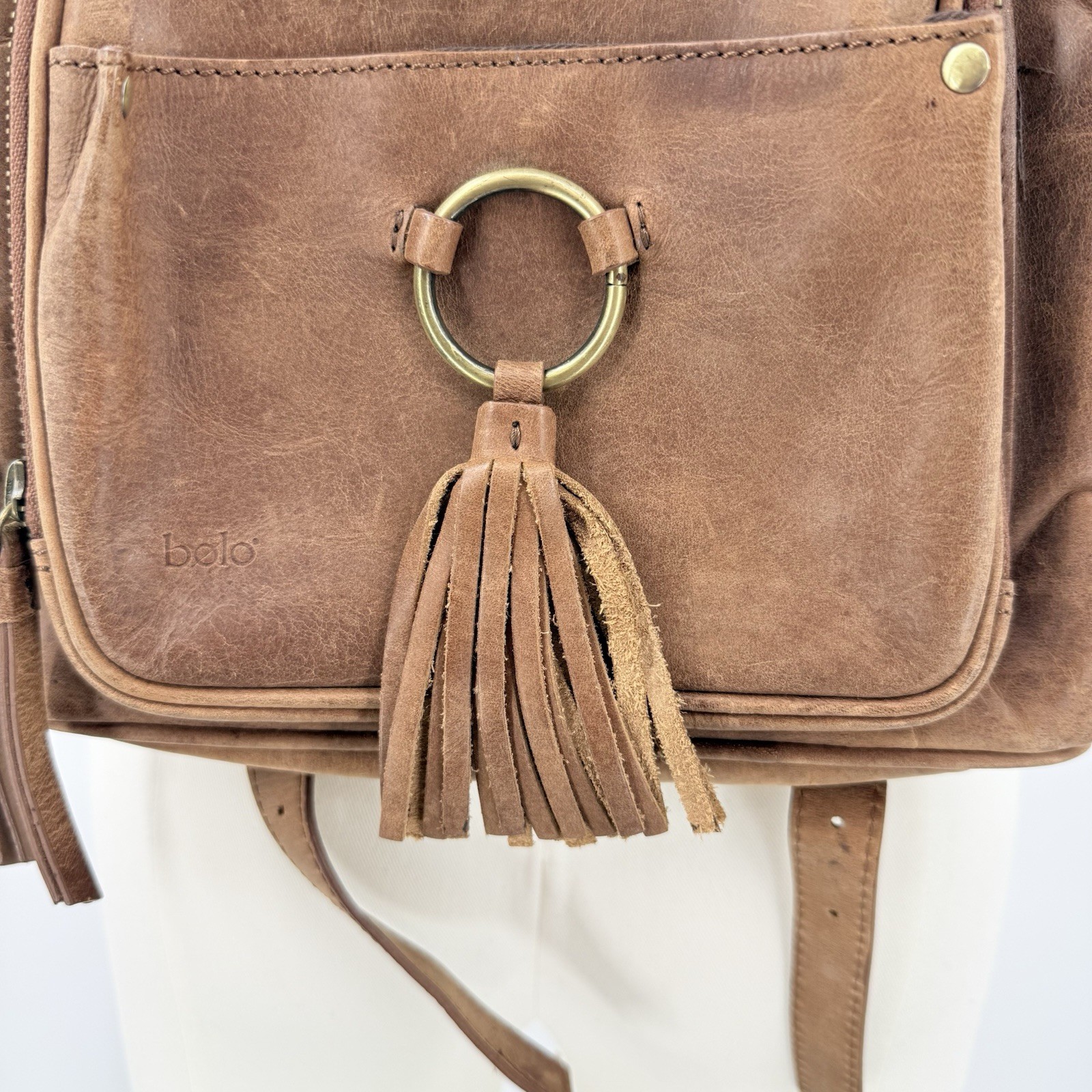 Bolo Brown Genuine Leather Mini Backpack Purse Tassel Front Pocket YKK Zip Boho