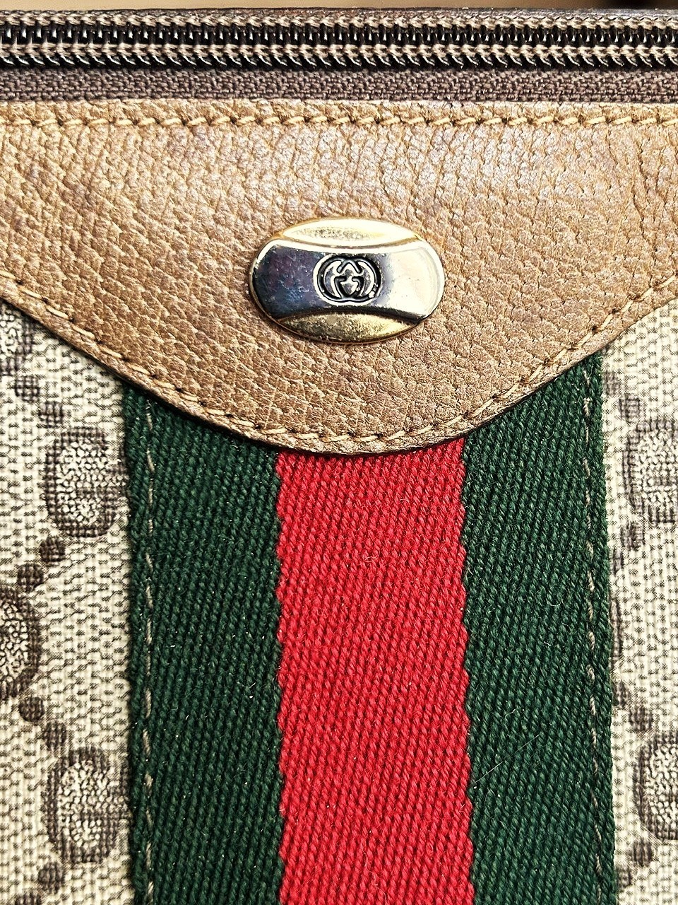 GUCCI GG Supreme Monogram Sherry Web Boston Bag, Tan