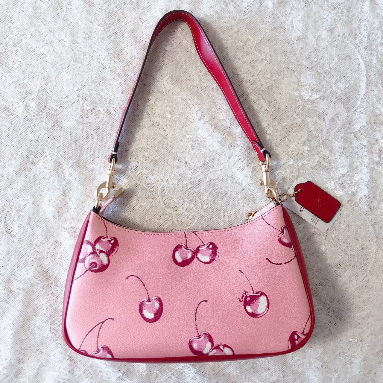 COACH Teri 2way Shoulder Bag Pink Canvas Leather Cherry Print CR290 Outlet New