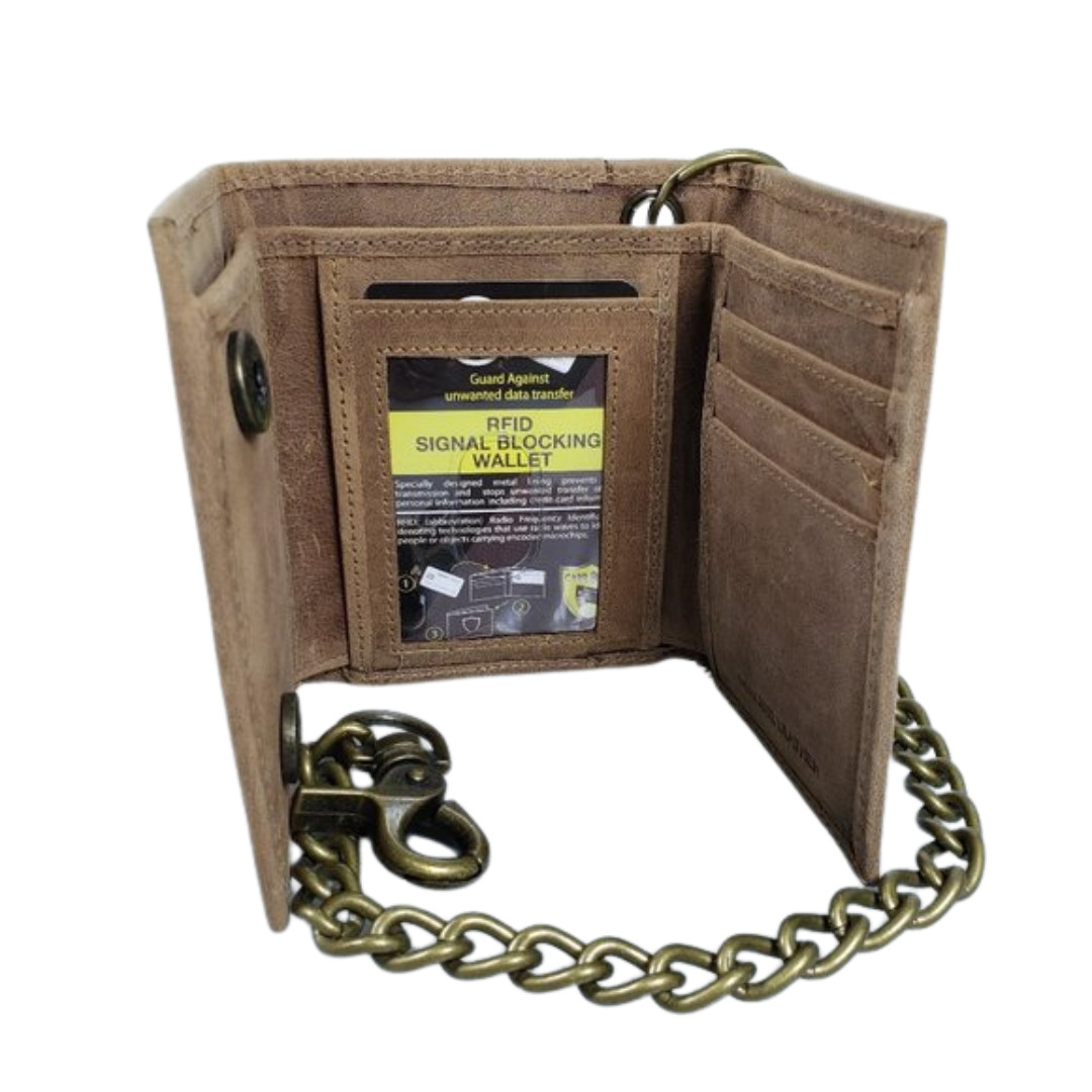 Mens Genuine Leather Motorcycle Trifold Biker Brown Wallet Brass Chain