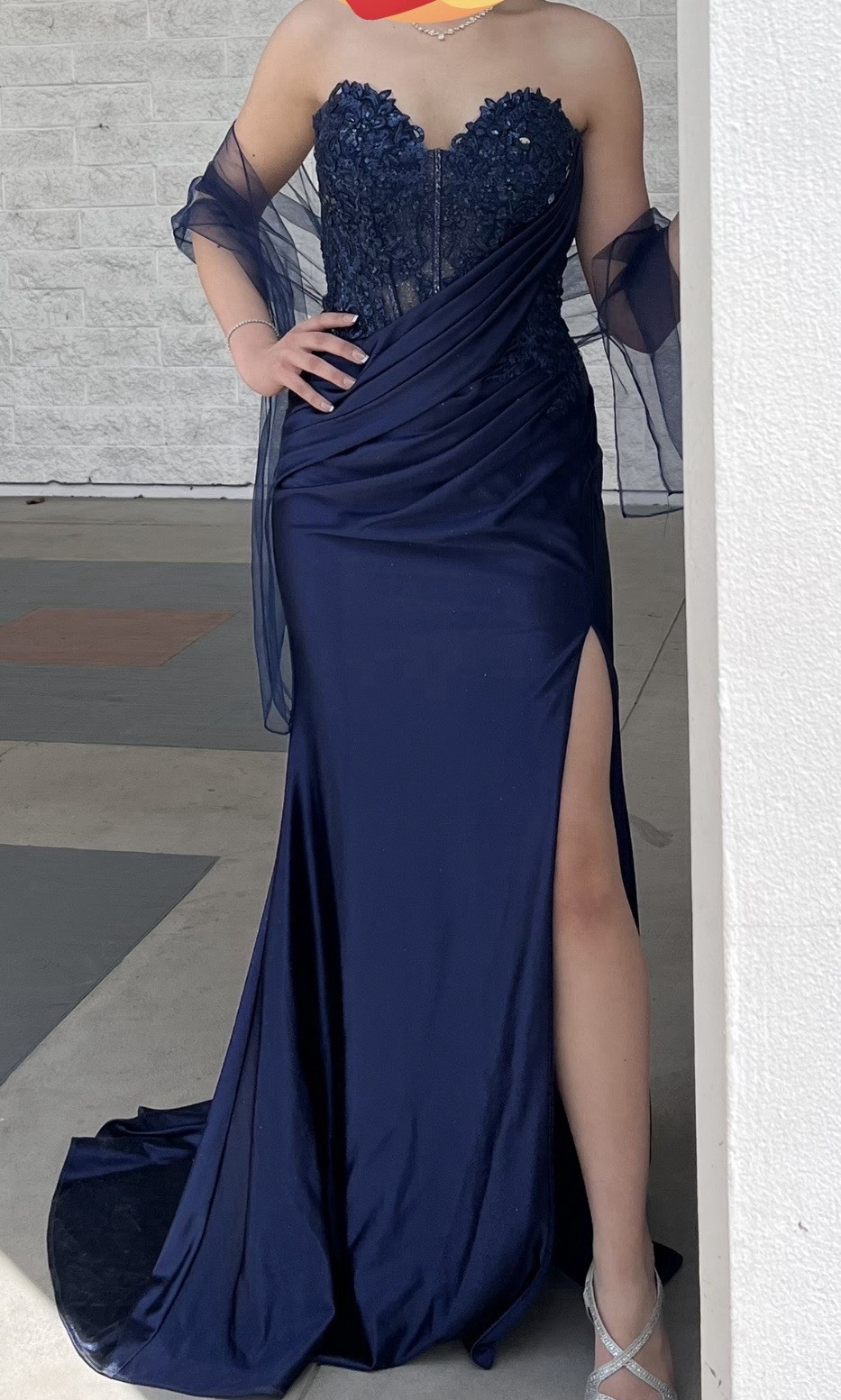 Ladivine by Cinderella Divine Navy Blue Sequined Formal Gown
