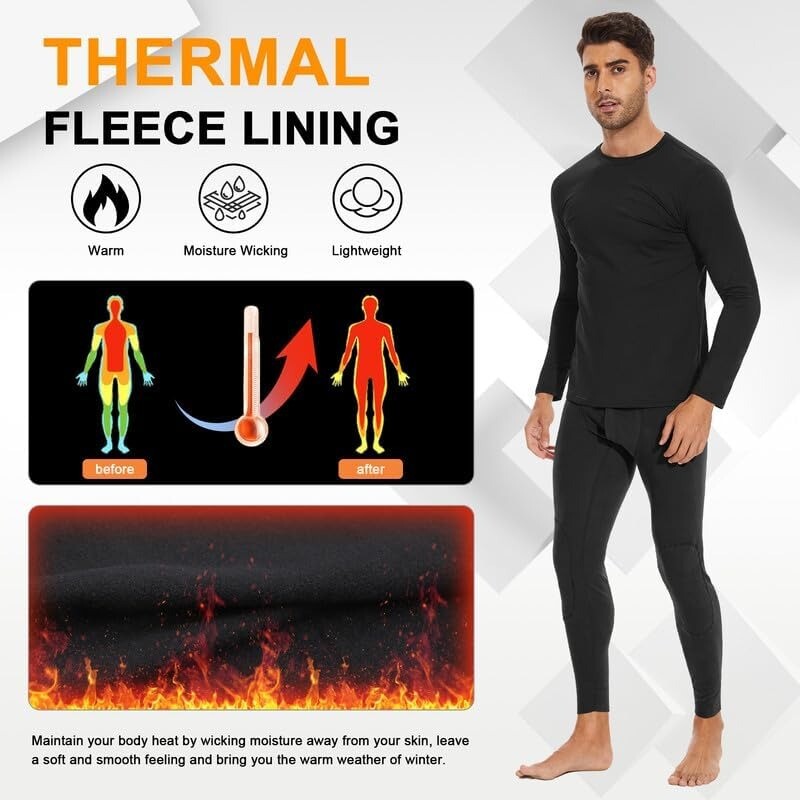 Men Thermal Long Sleeve Undershirt Keep Warm Fleece Lined Long John Thermal Sets