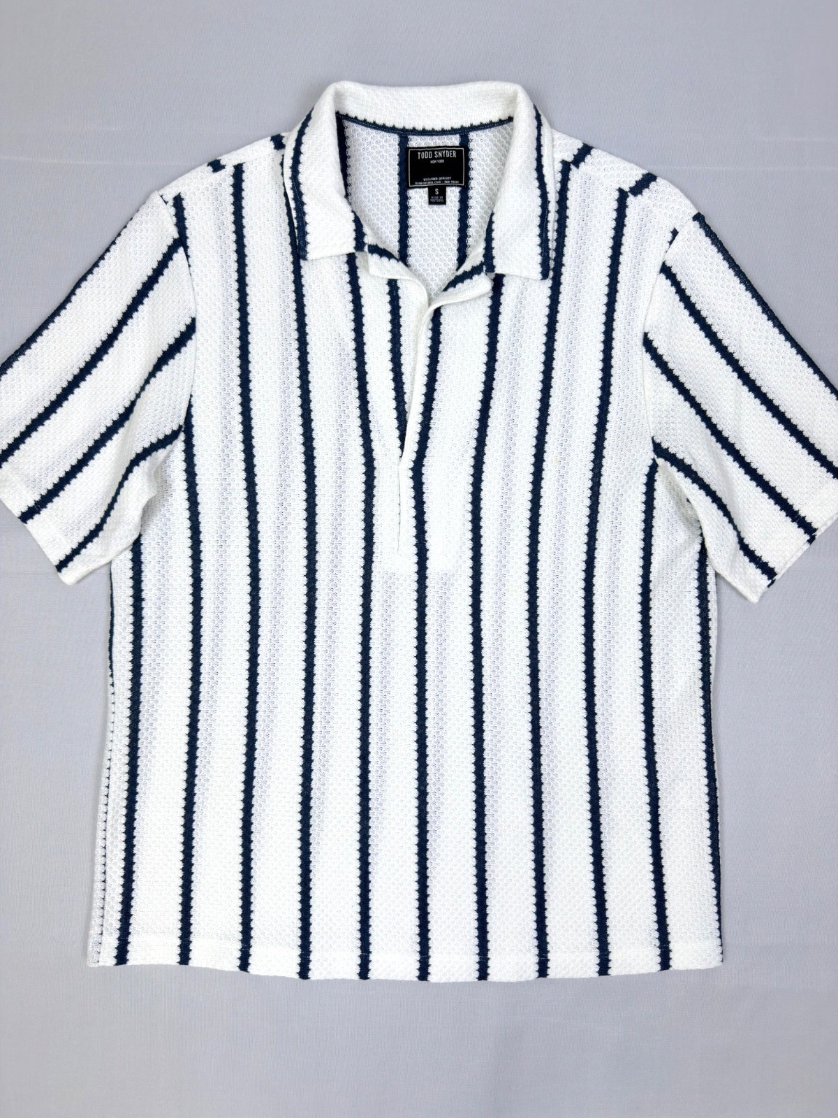 Todd Snyder Relaxed Textured Montauk Polo Coastal White Stripe Cotton Linen S