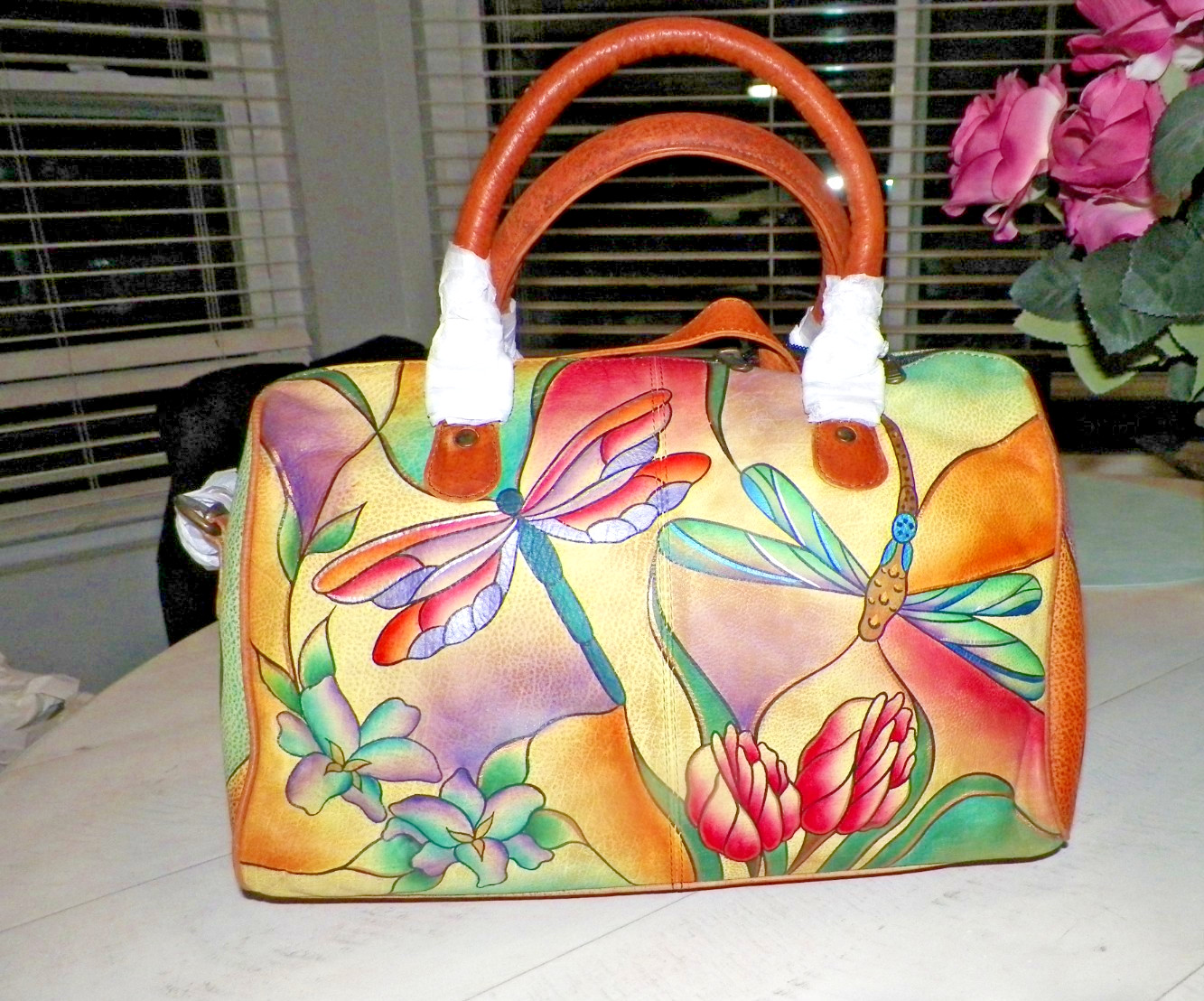 ANUSCHKA HAND PAINTED FLORAL & DRAGONFLIES PURSE NEW WITH TAGS