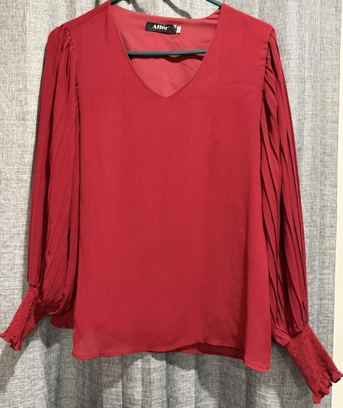 Aifer Top Womens M Cranberry Red Pleated Balloon Sleeves Dainty Flowy Lined EUC