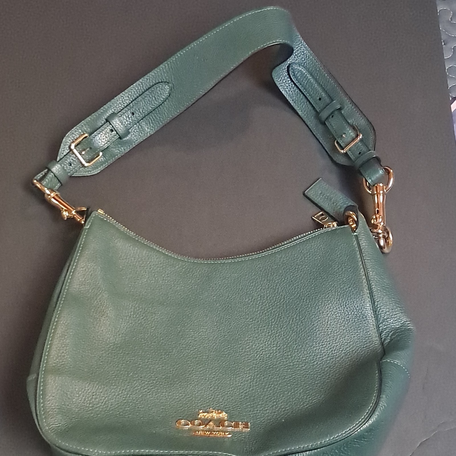 Coach Green Pebbled Small Crescent Shoulder Bag Zip, Gold Hardware, Strap