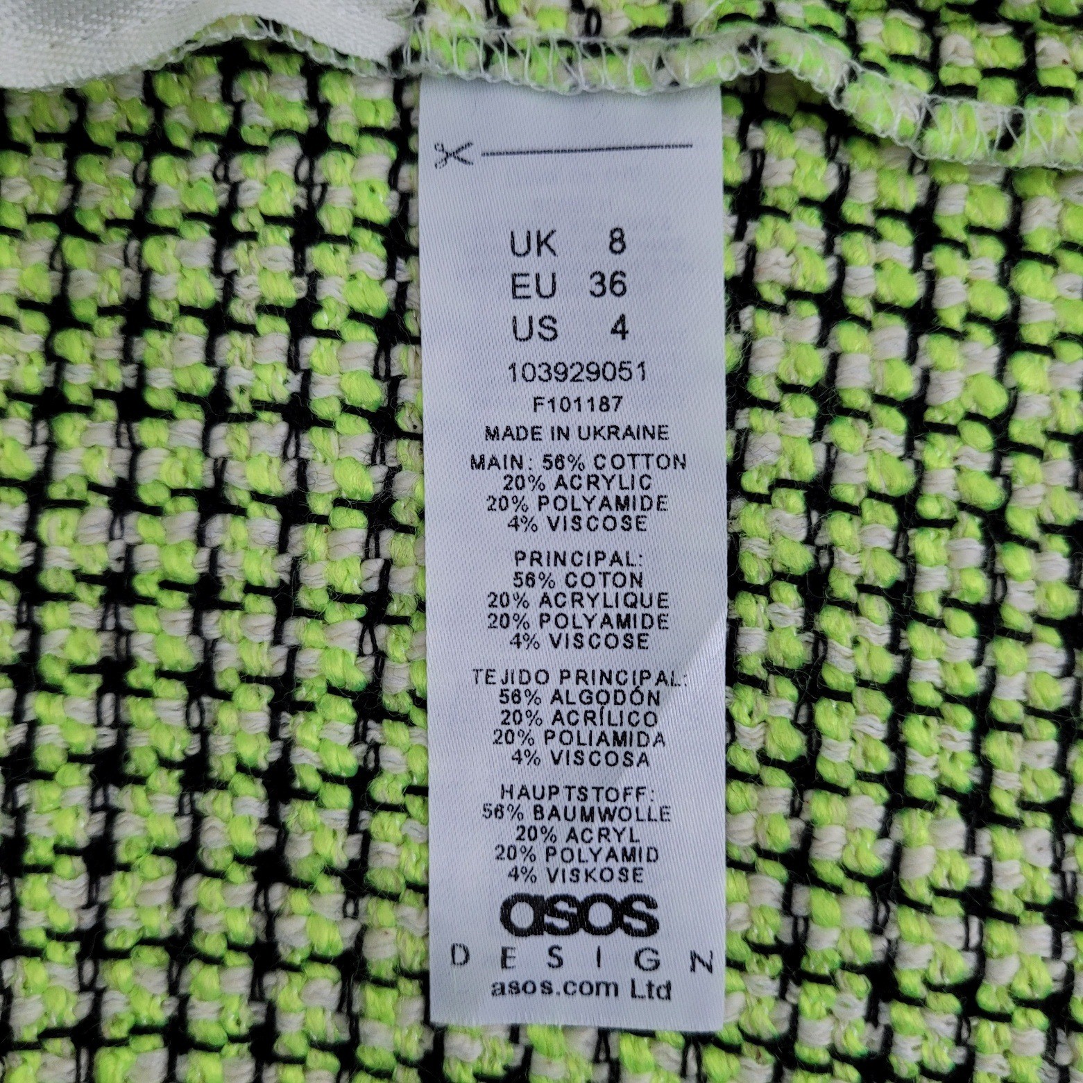 ASOS DESIGN Mini Skirt Boucle Tweed Check Lime Green Black A-Line US 4 NWOT