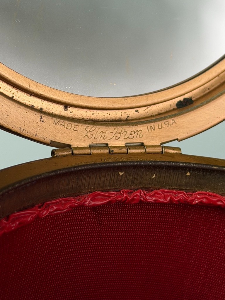 Vintage 1950s red round box purse, vinyl mirror Lin-Bren handbag cylinder small