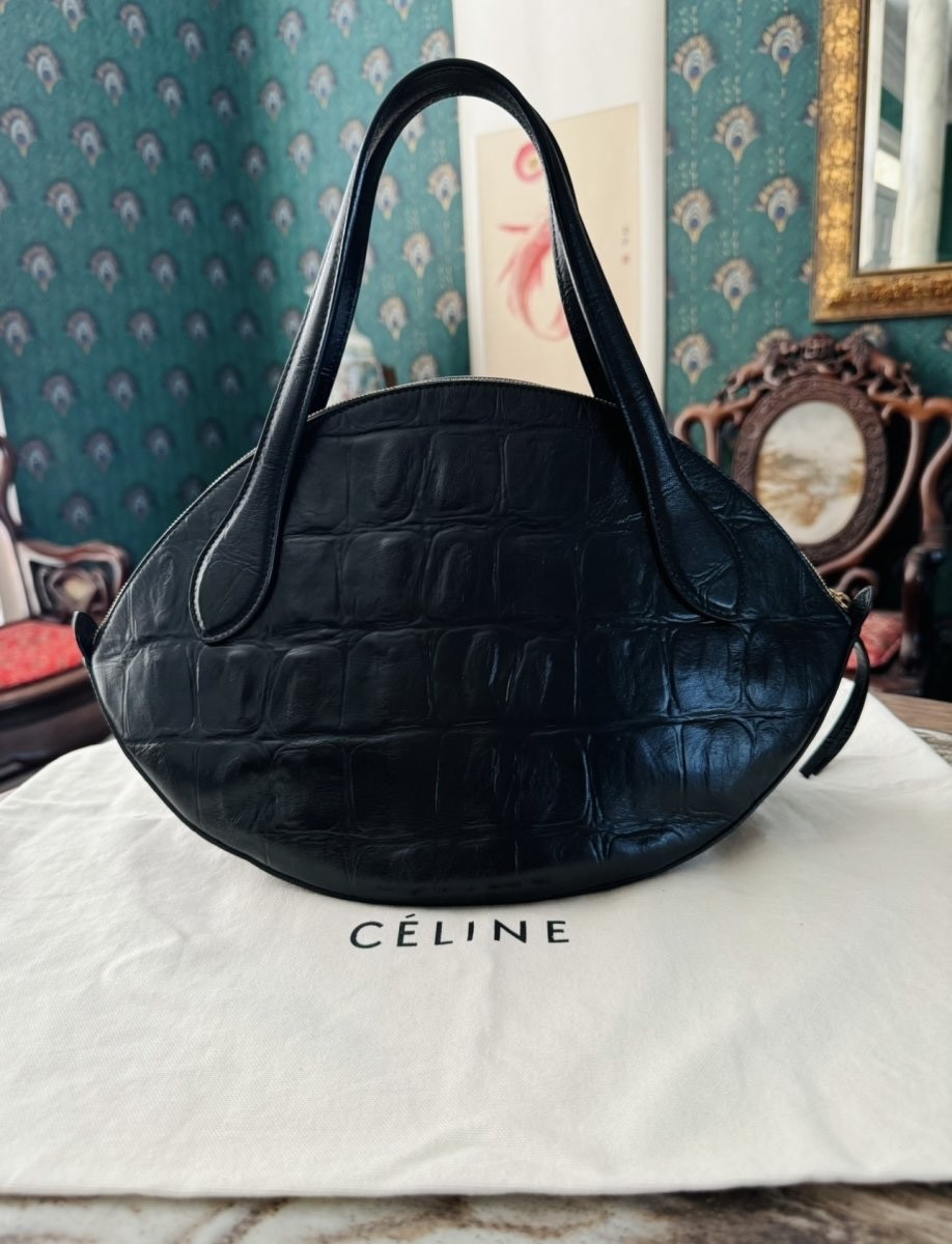 Authentic Celine $4100 Black Curved Phoebe Philo Moon Smile Croc Luggage Bag