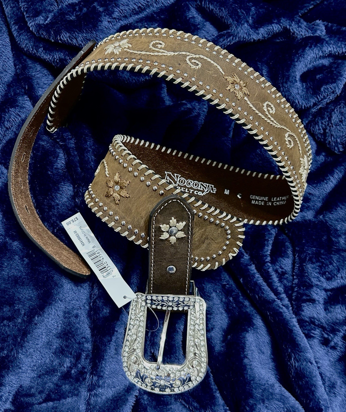 Nocona Women Western Brown Belt, Studded Silver Buckle. Size M 2×1/2” wide