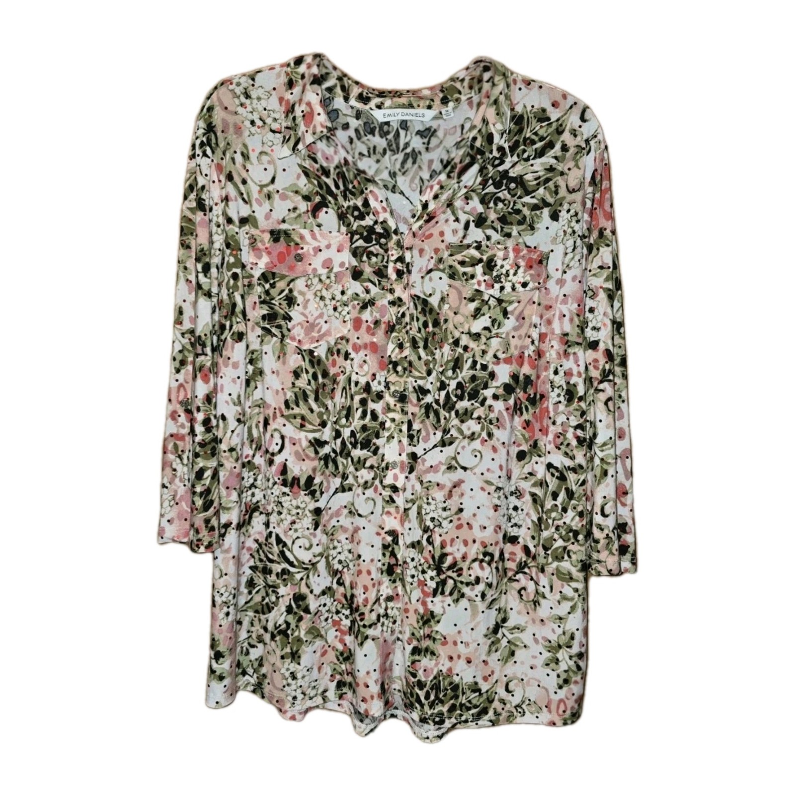 Emily Daniels Floral Blouse Roll Tab Sleeve White Green Peach Pullover Top 1X