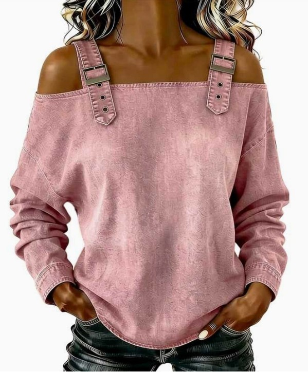 Women Off Shoulder Long Sleeve Top Adjustable Strap Loose Denim Casual Blouse