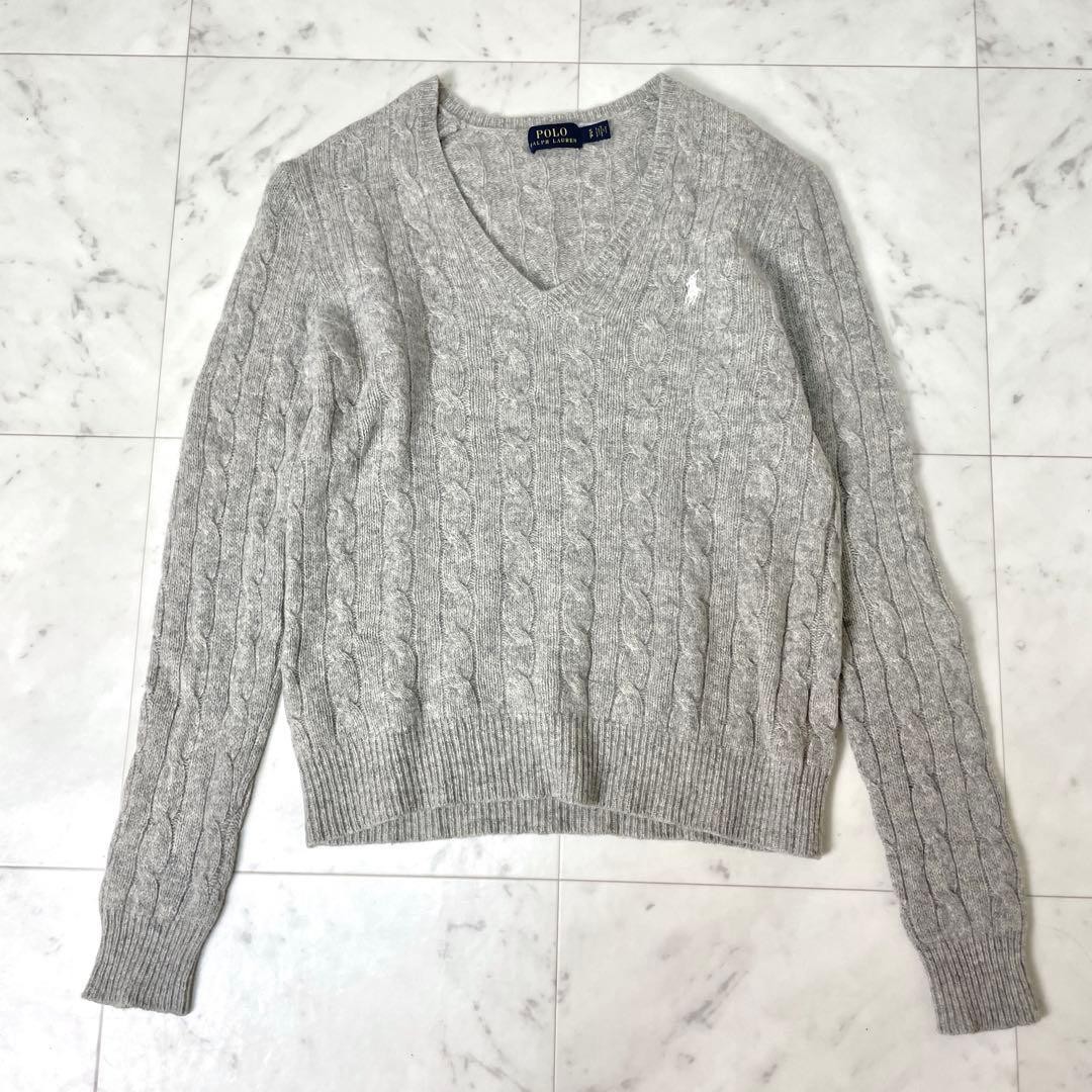 Polo Ralph Lauren CABLE KNIT WOOL CASHMERE V-NECK SWEATER Size S (P) Grey