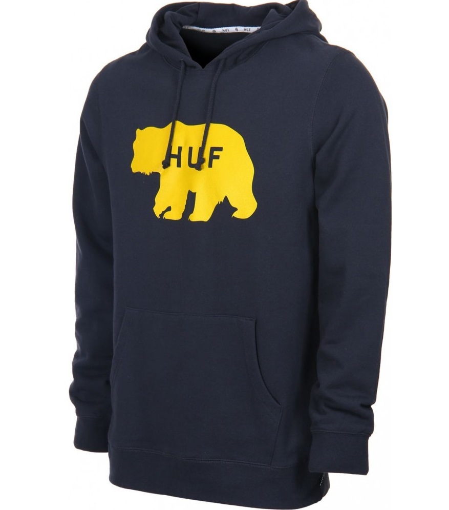 Huf BEAR LOGO Navy Yellow Front Pocket Cotton Blend Men’s Pullover Hoodie