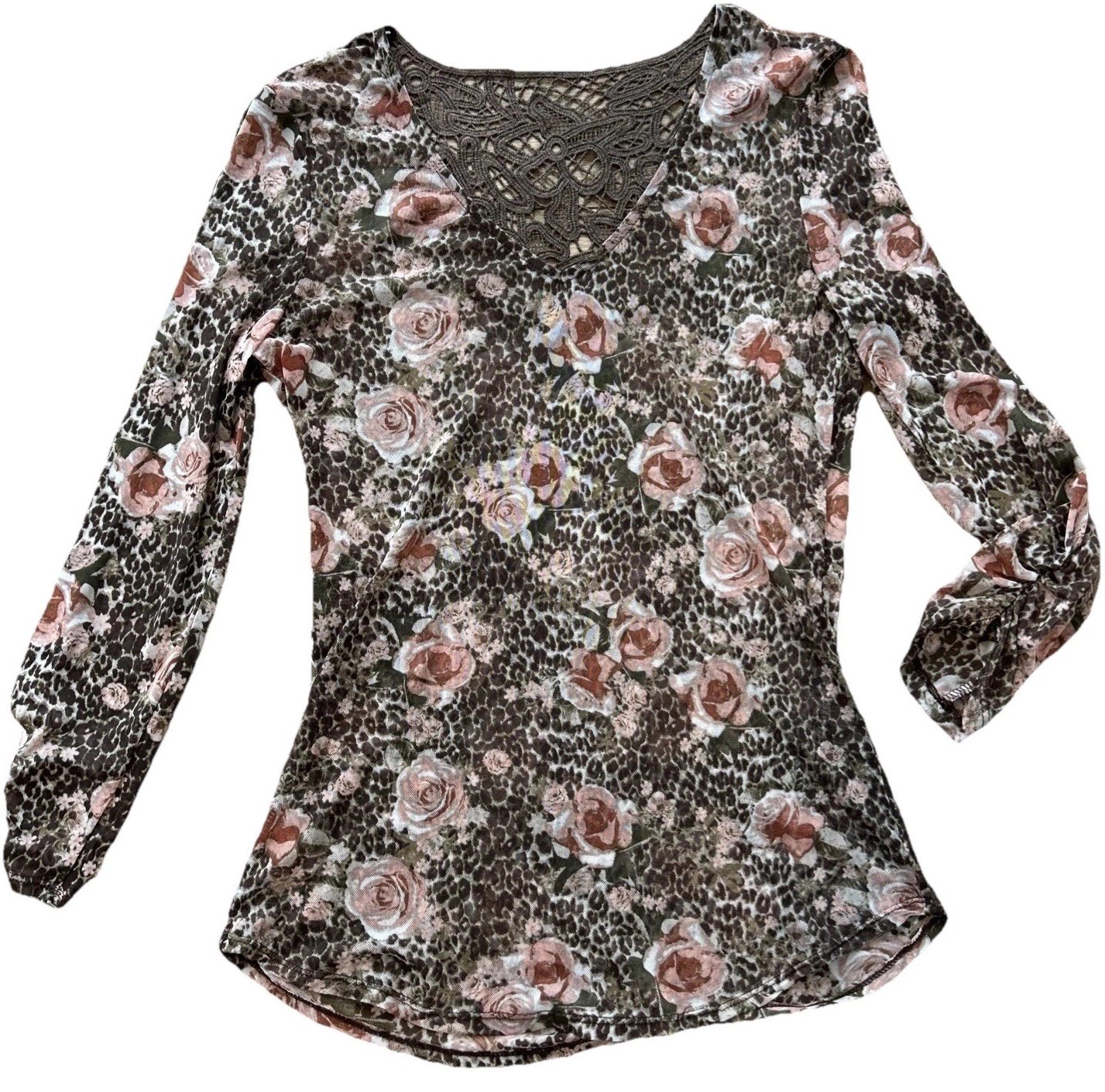 Womens Mesh Animal Floral Print Top L Sheer Y2K Romantic Boho Crochet Grunge