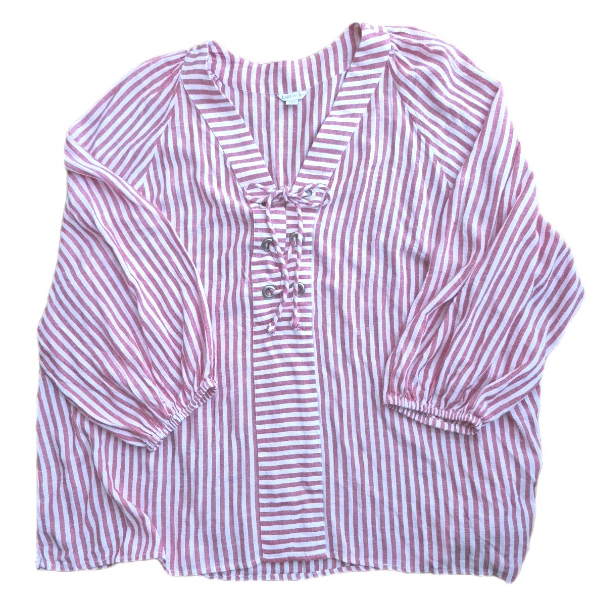 Cato Women’s 26/28W Plus Red/White Striped V-Neck Tie Grommet Blouse 3/4
