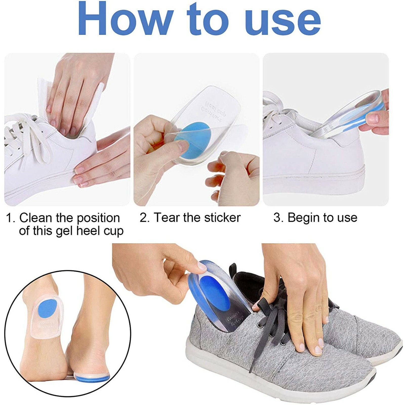 2 Pair Gel Foot Cups Heel Support Spur Insoles Pad Pain Relief Cushion Men&Women