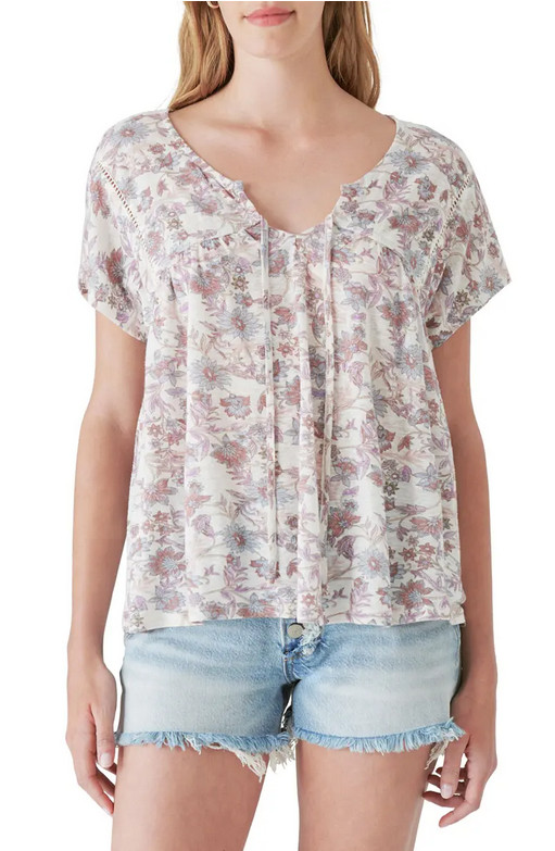Lucky Brand Womens L Ivory Floral Tie Linen Blend Knit Blouse Top NWT