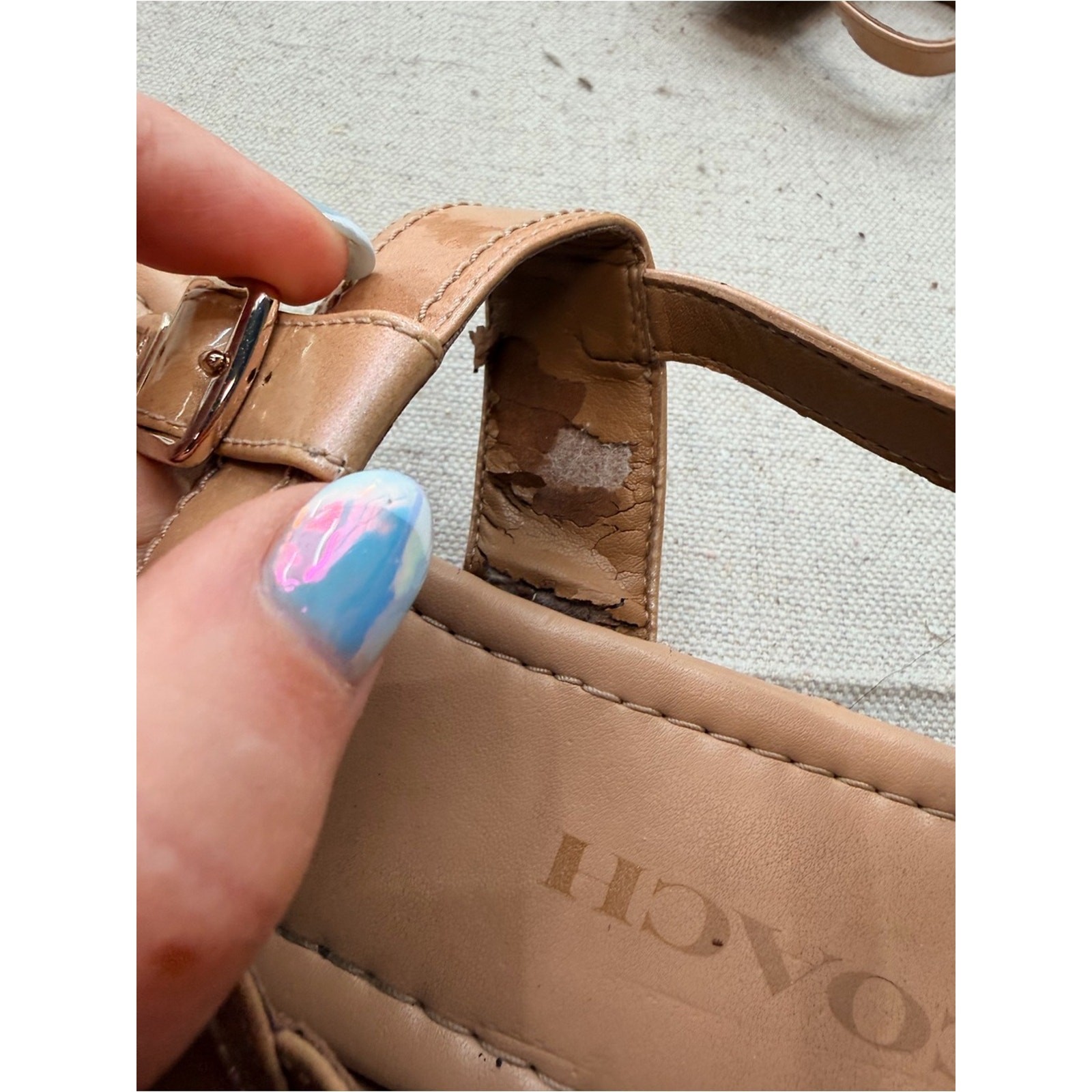 Coach Cassidy Nude/Tan Leather T-Strap Sandals with Buckle