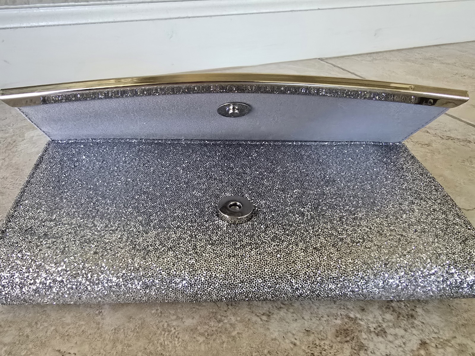 Silver Glitter Evening Clutch Purse Bag w/ Chain Strap~wedding Prom Formal Party
