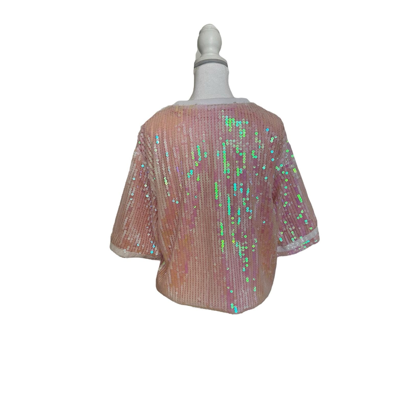 College Game Day Pink Sequin Short Sleeve Shirt Top Womens Size Medium