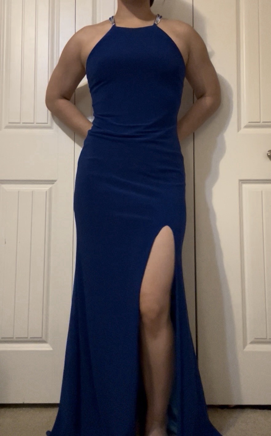 Betsy & Adam Blue Halter Rhinestone Slit Long Gown Prom Homecoming